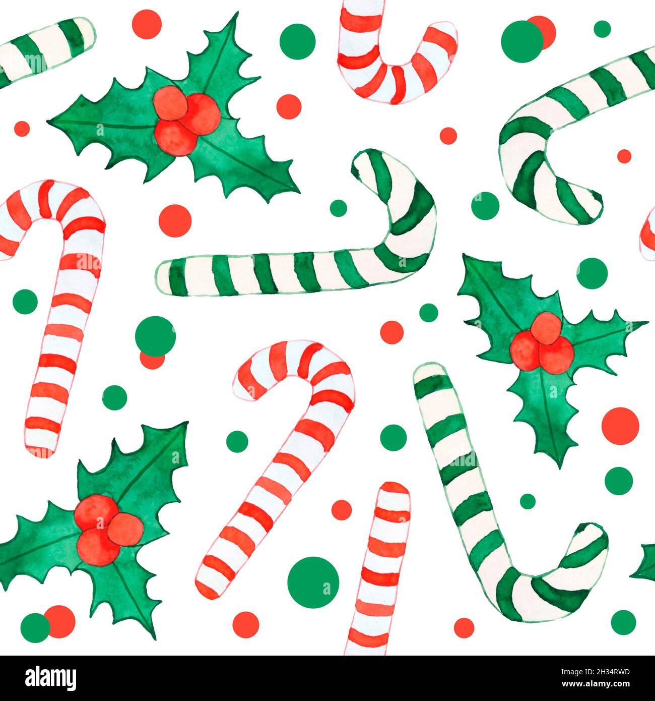 Acquerello disegno a mano senza cuciture con Natale agrifoglio zucchero canne bastoni e polka dot sfondo. Festa d'inverno design per la carta da imballaggio tessile arredamento anno nuovo Foto Stock