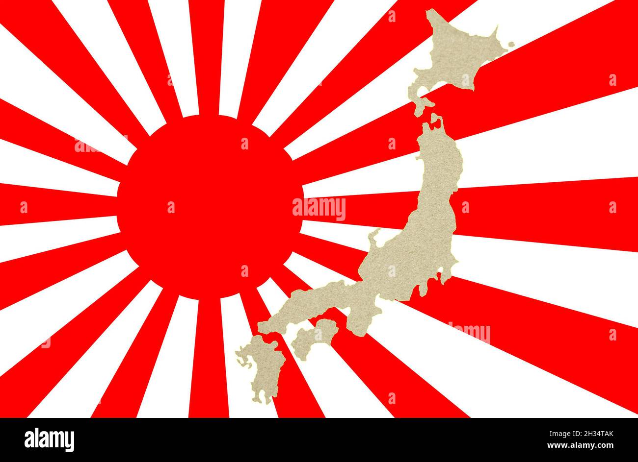 La bandiera del Giappone sullo sfondo del tè di mele in polvere sotto forma di una mappa del paese. Sfondo del biglietto di auguri. Contenuto per la d Foto Stock