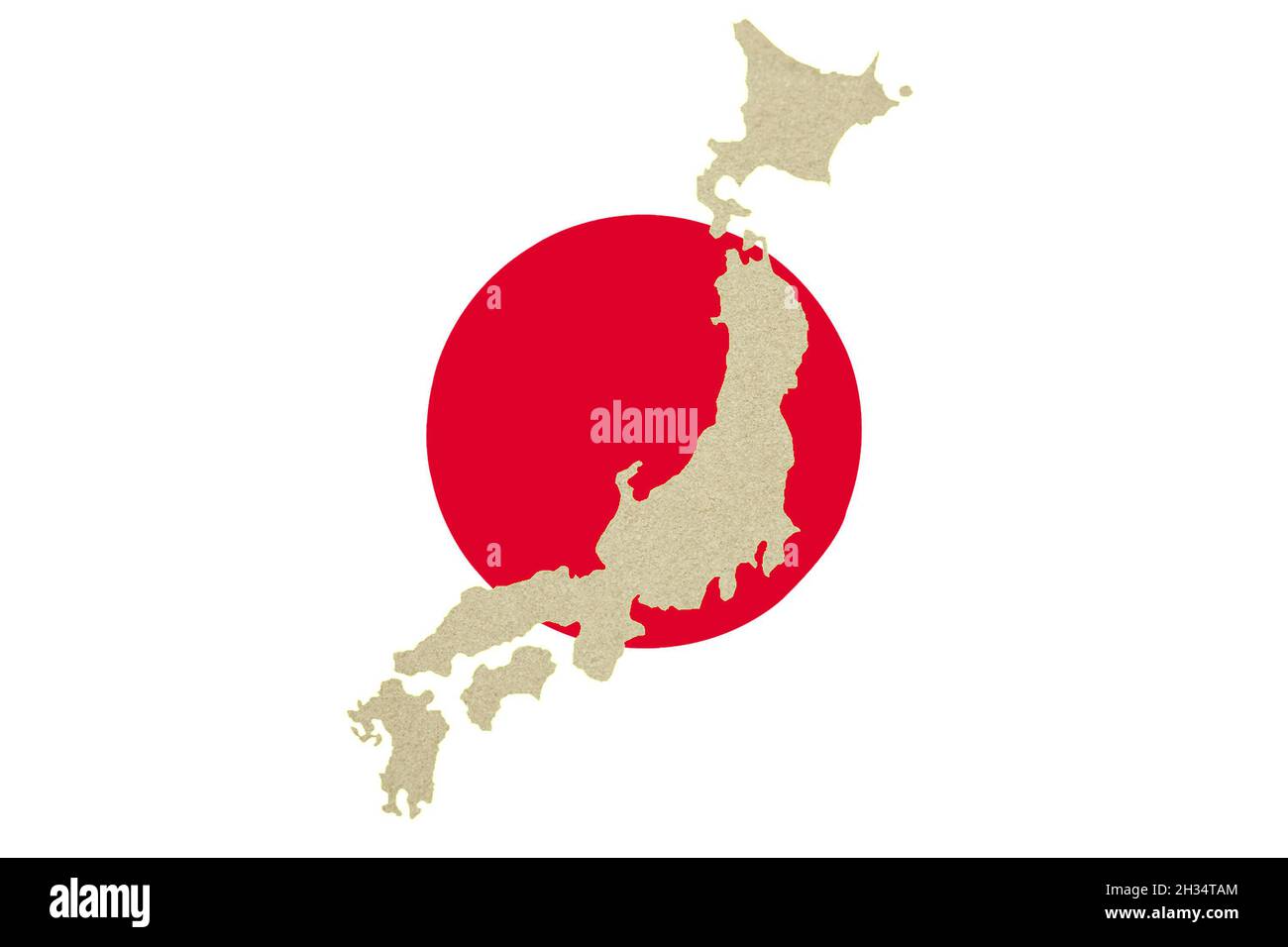 La bandiera del Giappone sullo sfondo del tè di mele in polvere sotto forma di una mappa del paese. Sfondo del biglietto di auguri. Contenuto per la d Foto Stock