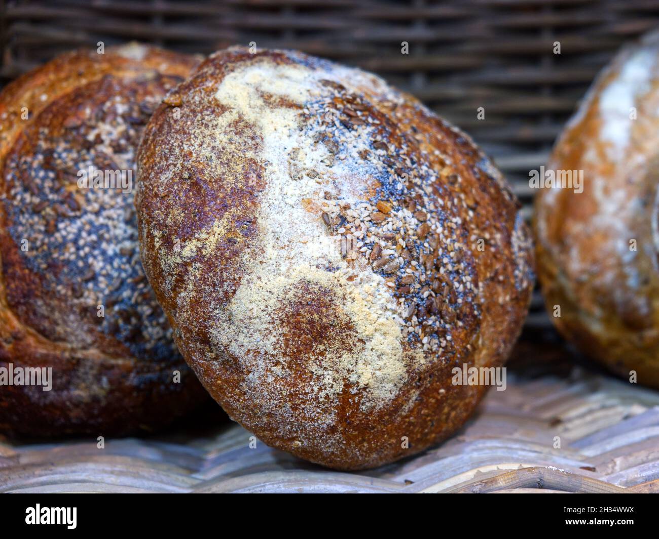 pani di pane di girasole cotti in forno a legna Foto Stock