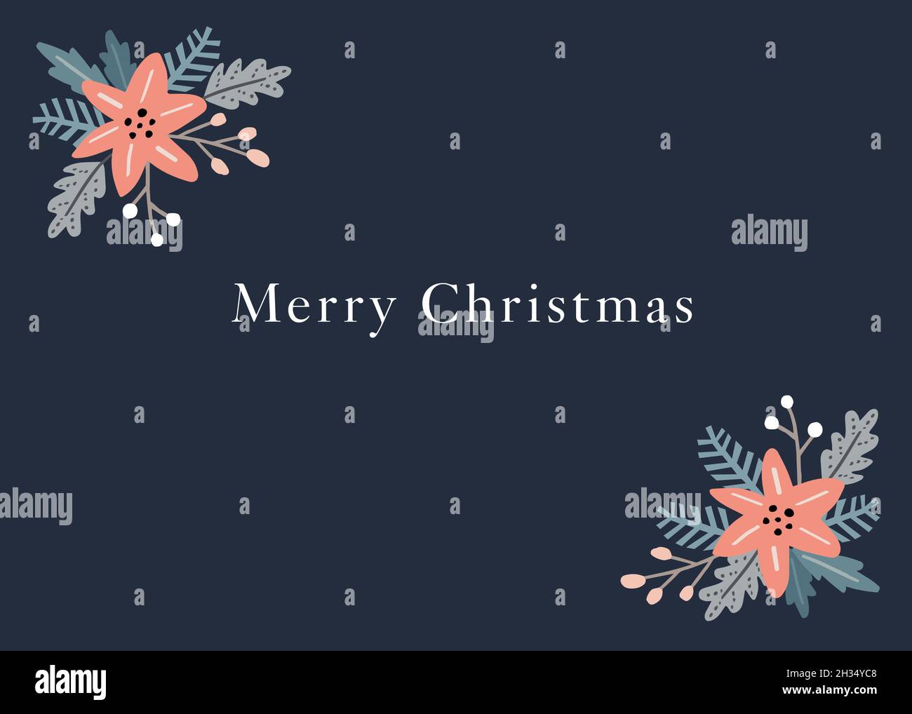 Biglietto di auguri di Natale, invito. Angoli floreali di fiori rossi di poinsettia, bacche e rami di abete. Buon testo di Natale. Vettore invernale Illustrazione Vettoriale