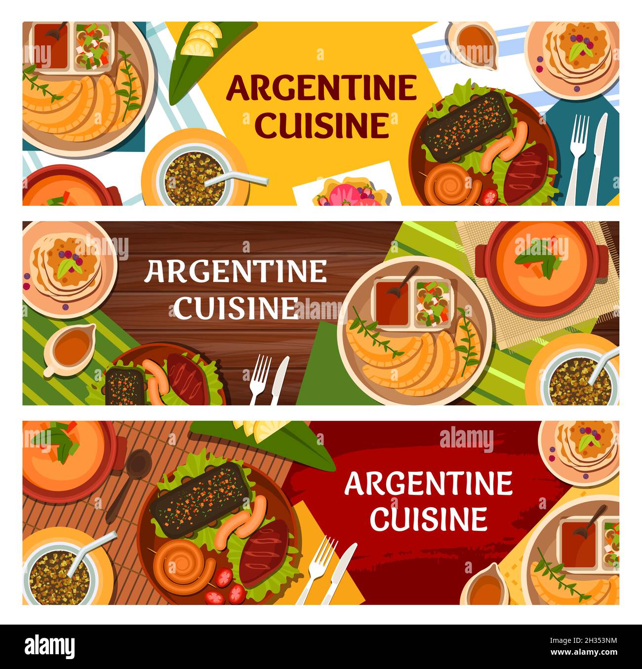Striscioni vettoriali della cucina argentina di piatti a base di carne con pasto vegetale e dessert. Carne di maiale al barbecue e salsicce chorizo asado, empanada torte e chimichu Illustrazione Vettoriale