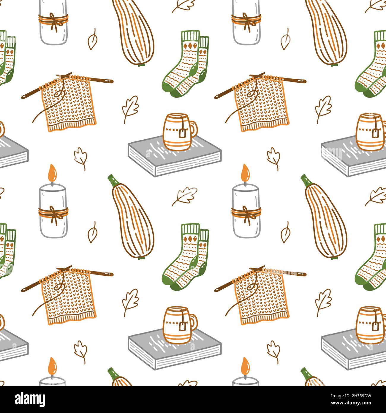 Modello senza cuciture con elementi autunnali - calzini carini, candele, zucchine, libri con tazze di tè. Illustrazione vettoriale disegnata a mano in stile doodle. Perfetto per progetti di vacanza, carta da imballaggio, decorazioni. Illustrazione Vettoriale