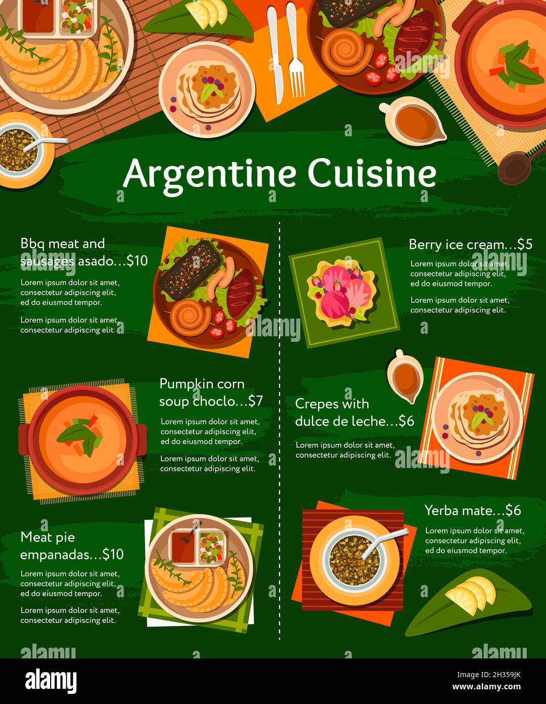 Menu vettoriale della cucina argentina con piatti a base di carne alla griglia, zuppa di verdure e dessert. Salsicce di chorizo alla griglia, costolette di maiale e torte di empanada, mate di yerba, Illustrazione Vettoriale