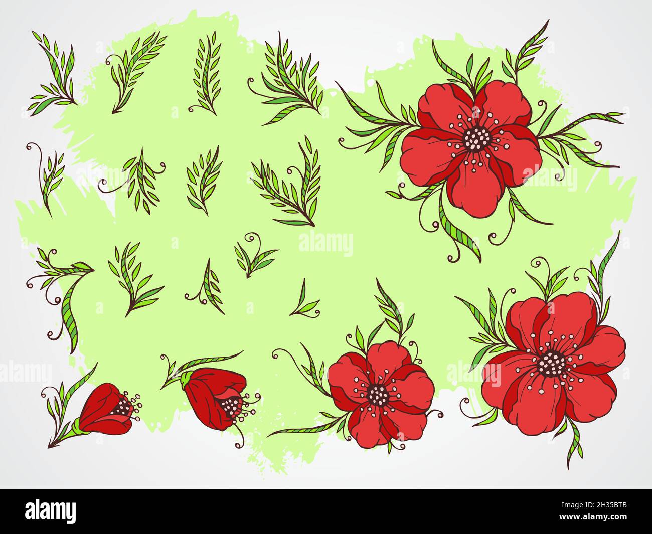 Set vettoriale di fiori, rami e foglie disegnati a mano su sfondo testurizzato. In rosso e verde. Illustrazione Vettoriale