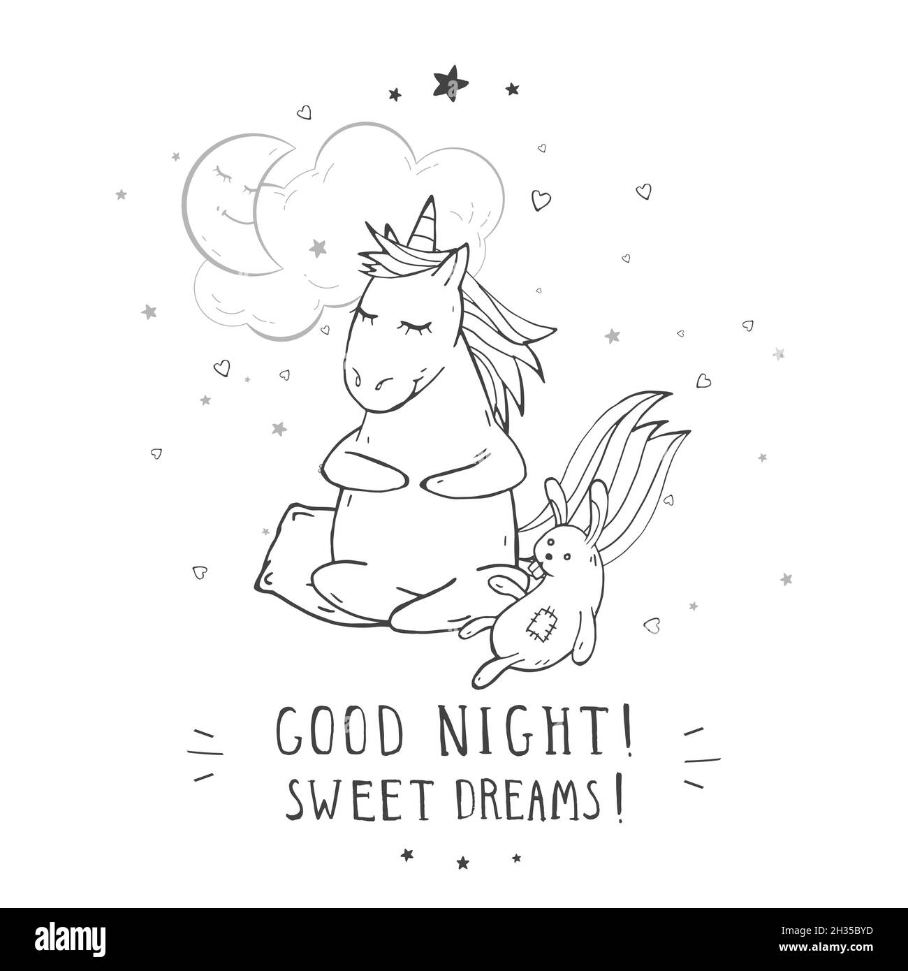 Illustrazione vettoriale di un simpatico unicorno seduto a mano con coniglio giocattolo, luna, nuvola e testo – BUONA NOTTE! SOGNI DOLCI! sullo sfondo. Per il prin Illustrazione Vettoriale