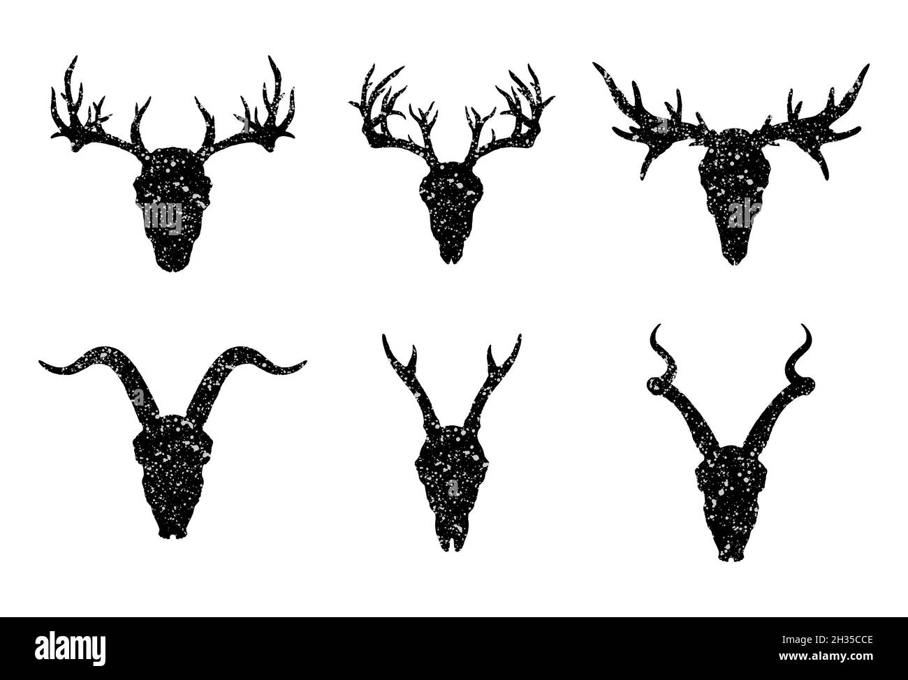 Set vettoriale di sei teschi disegnati a mano di animali cornati: Antilopi, cervi e capra su sfondo bianco. Silhouette nere con texture grunge nella vecchia sket Illustrazione Vettoriale