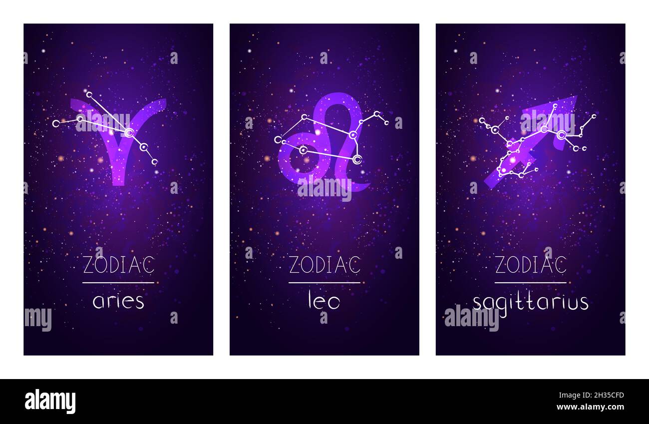 Set di tre carte con segni dello zodiaco, costellazioni astrologiche e scritte disegnate a mano contro il cielo stellato. Collezione dell'elema del fuoco Illustrazione Vettoriale