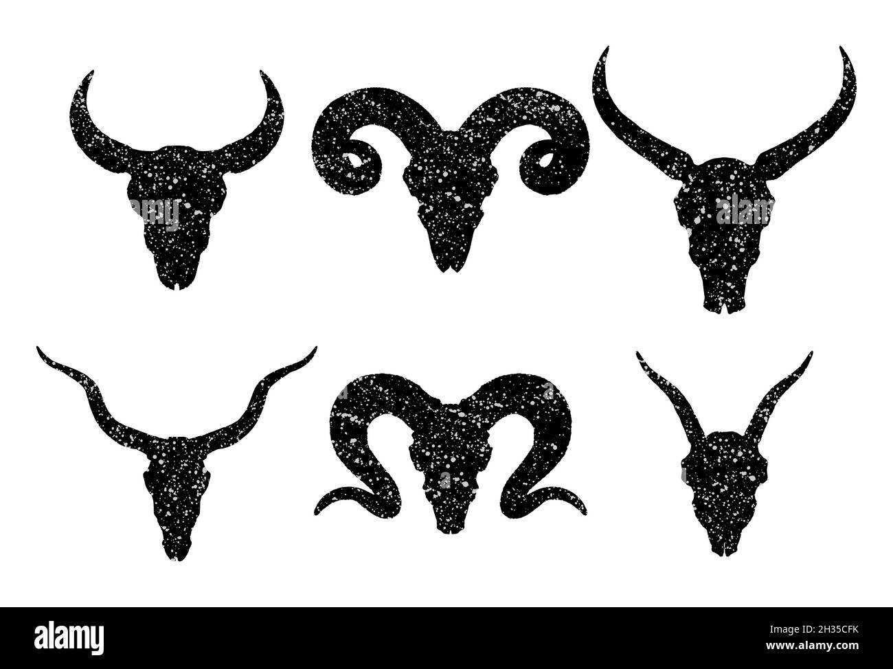 Set vettoriale di sei teschi disegnati a mano di animali corni: Bufala selvaggia, toro, antilope, arieti e torrone su sfondo bianco. Silhouette nere con grunge Illustrazione Vettoriale