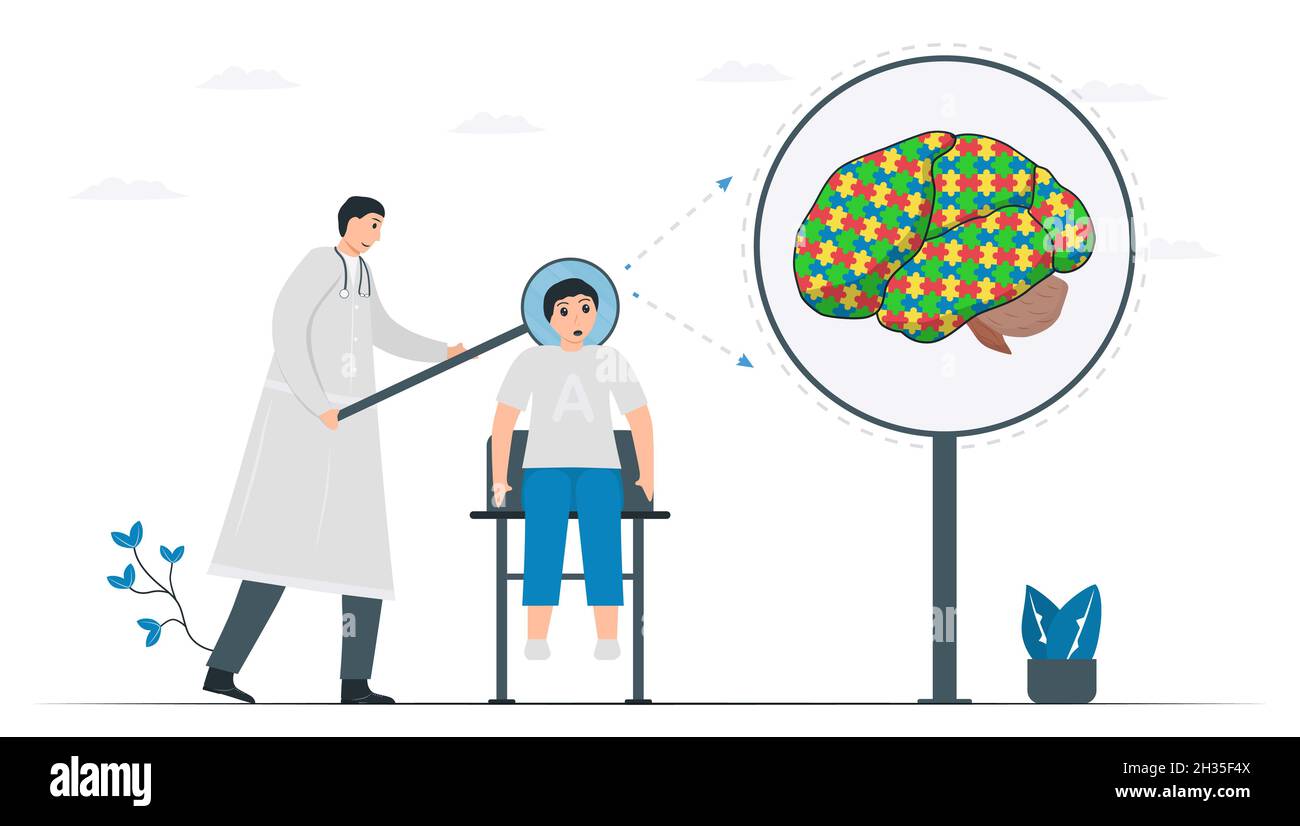Il medico controlla e scansiona il cervello del ragazzo. Il risultato dimostra che è autistico. Può fare cose speciali. Infografica per la Giornata Mondiale della consapevolezza dell'Austismo, Illustrazione Vettoriale