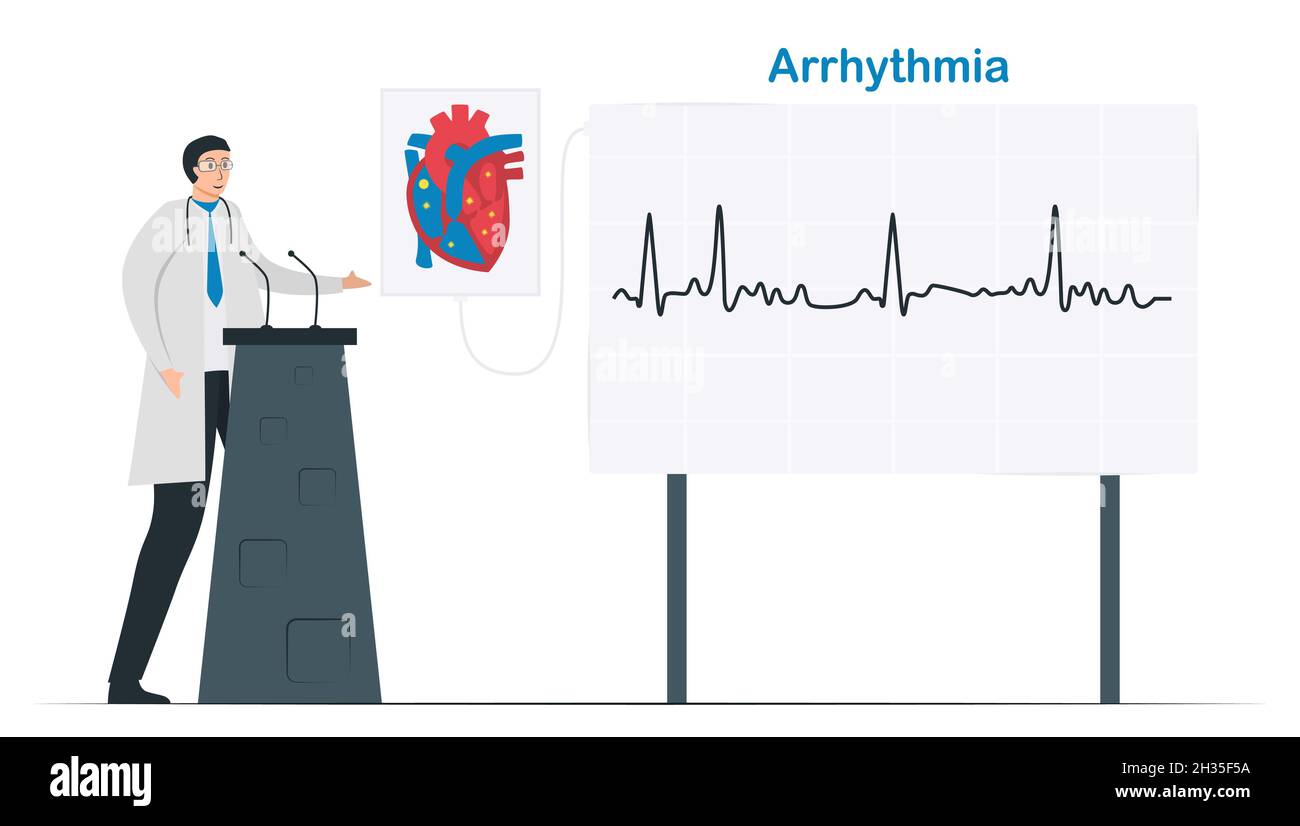 Illustrazione del vettore cardiologico. Questo problema di cardiopatia è l'aritmia. Diagnostica e analisi del sistema di guasto del segnale periodico. Illustrazione Vettoriale