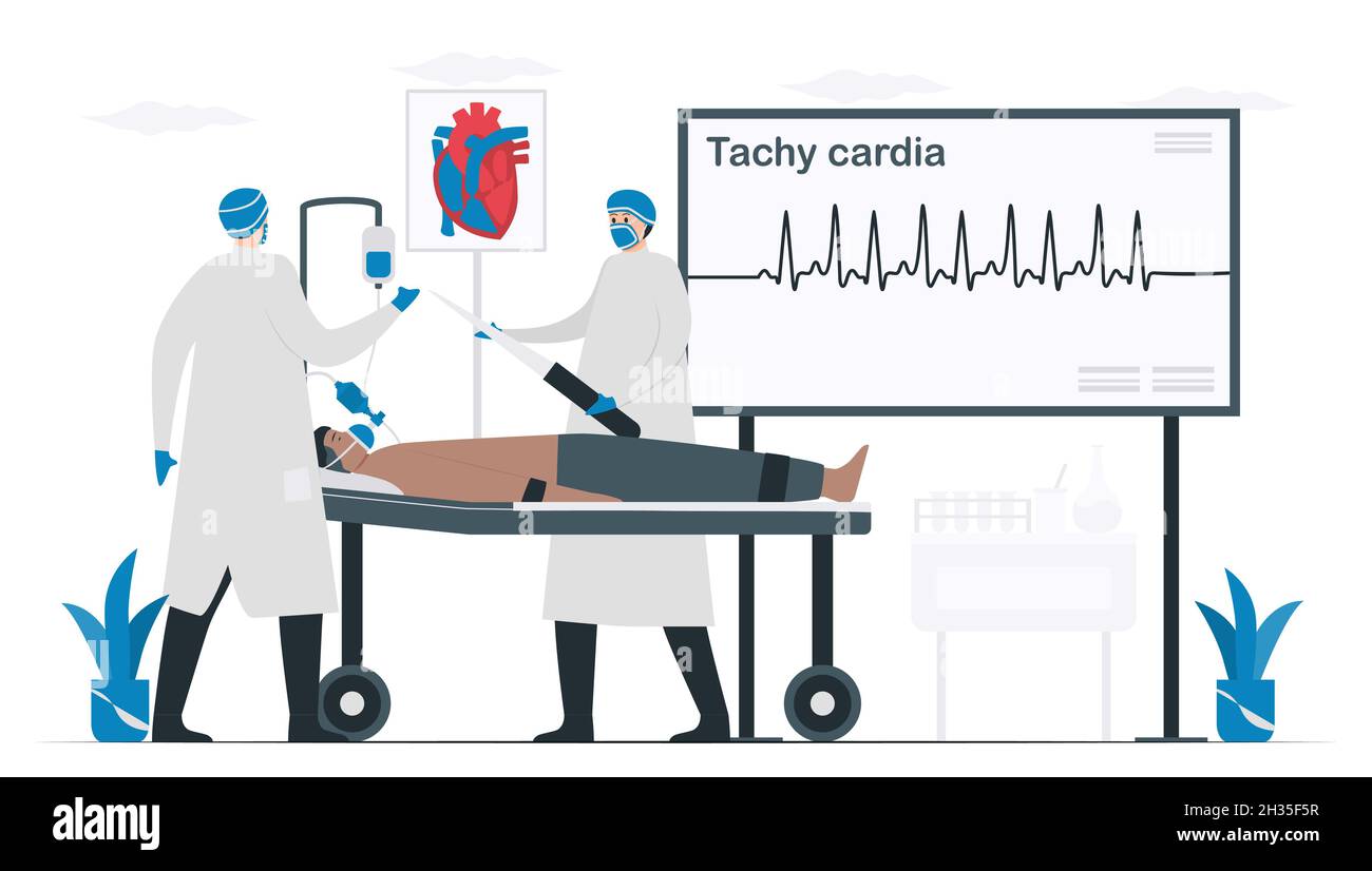 Il medico e l'assistente medico curano un paziente. Questa malattia cardiaca chiamata tachicardia aritmia. Il segnale periodico è una rapida risposta impulsiva. Auto isolata Illustrazione Vettoriale