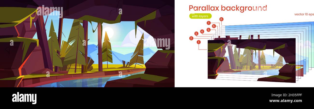Grotta nella roccia con fiume, foresta e montagne all'esterno. Vettore parallasse sfondo per animazione 2d con cartoni animati paesaggio estivo con ingresso in pietra caverna, ruscello e conifere Illustrazione Vettoriale