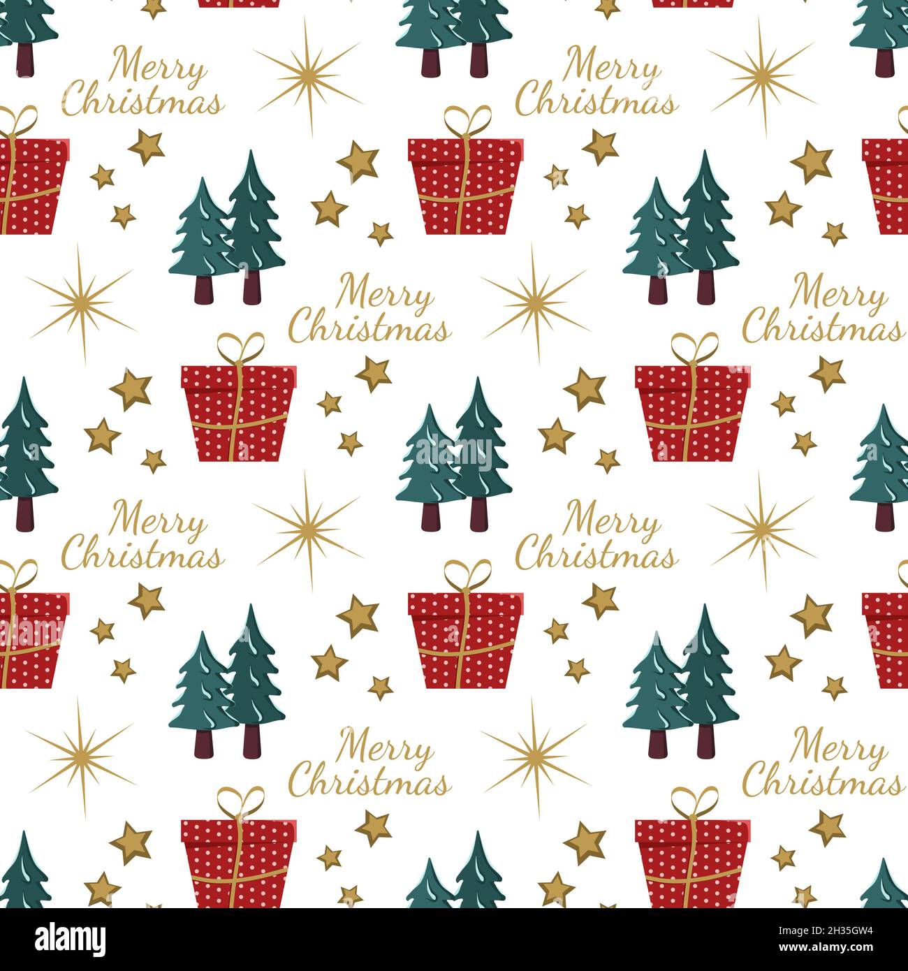 Modello senza cuciture con regalo natalizio, alberi di neve, stelle e fiocchi di neve su sfondo bianco. Stampe brillanti per Capodanno e vacanze invernali per carta da imballaggio, tessuto e design Illustrazione Vettoriale