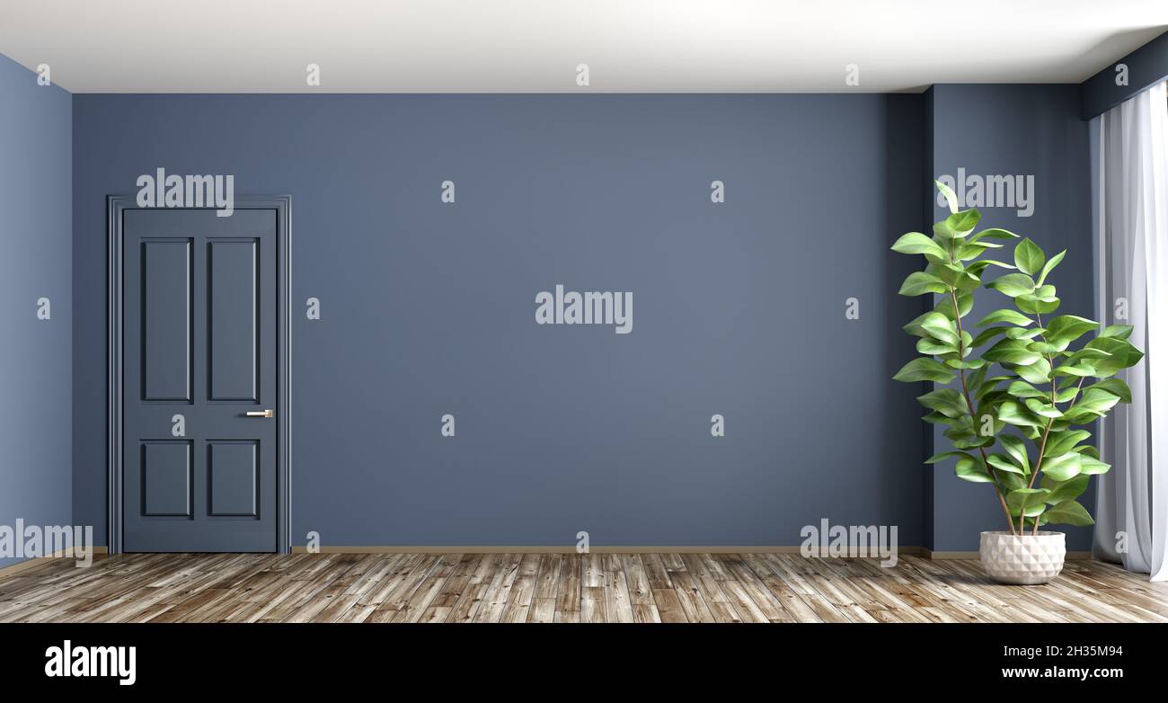 Sfondo interno vuoto, soggiorno con parete blu, vaso con pianta, finestra e porta 3d rendering Foto Stock
