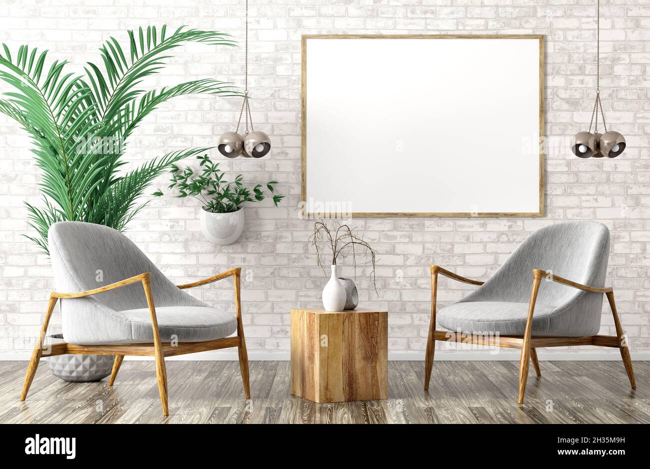 Moderno design interno del soggiorno con due poltrone grigie, tavolino in legno e poster sulla parete in mattoni 3D rendering Foto Stock