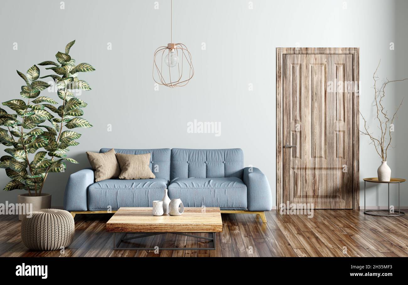 Moderno design interno del soggiorno con divano blu, tavolino in legno, porta 3d rendering Foto Stock