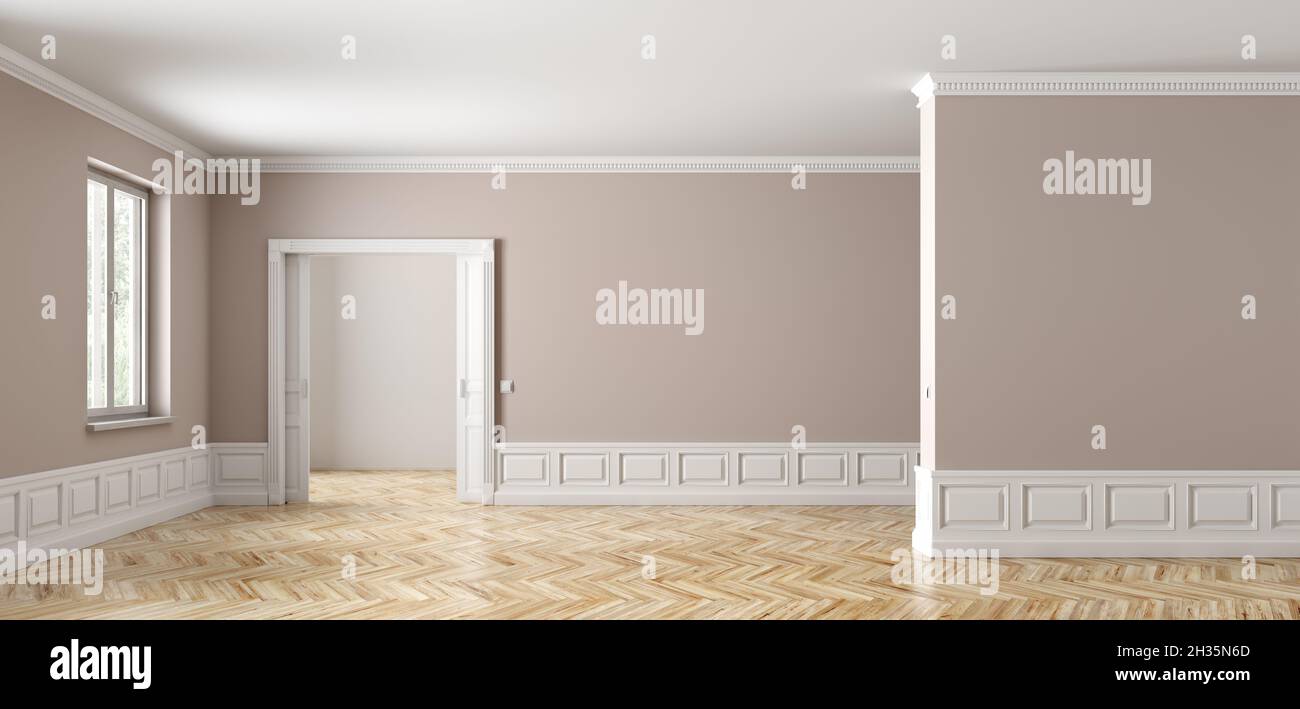 Classico interno di appartamento vuoto con due camere, porta aperta scorrevole, finestra, pareti beige con pannelli bianchi e parquet 3D rendering Foto Stock