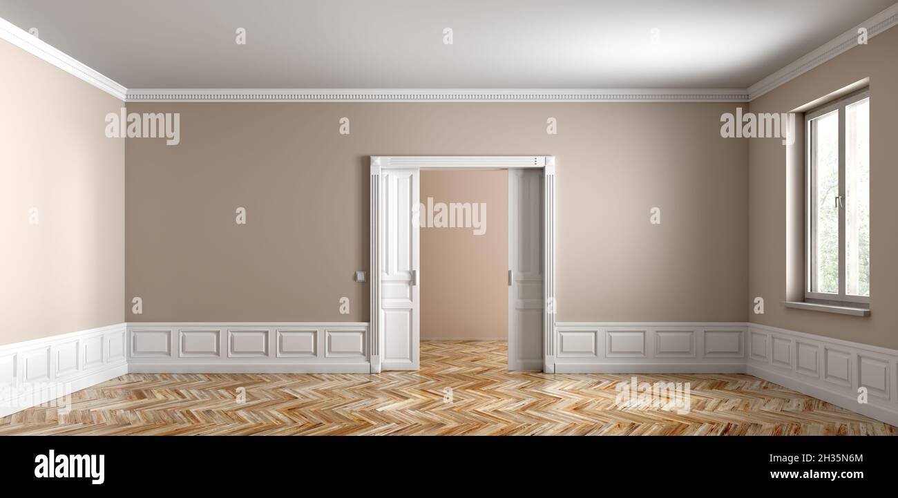Interni classici di appartamento vuoto, porte finestra, pareti beige con pannelli bianchi e pavimenti in parquet 3D rendering Foto Stock