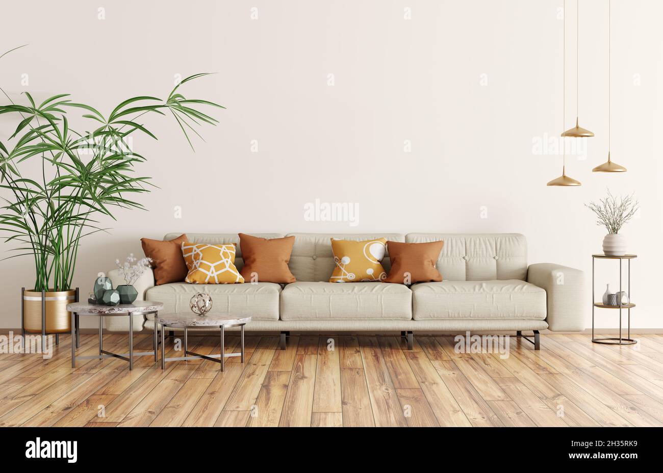 Design moderno degli interni di appartamento, soggiorno con divano, home 3d rendering Foto Stock