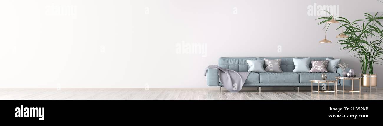 Interno del soggiorno con divano blu, tavolino da caffè e lampade, rendering panorama 3d Foto Stock