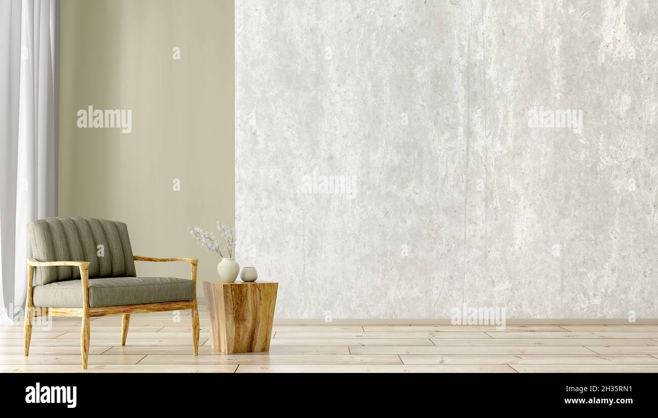 Design interno del soggiorno con poltrona verde, parete in cemento con spazio copia 3D rendering Foto Stock