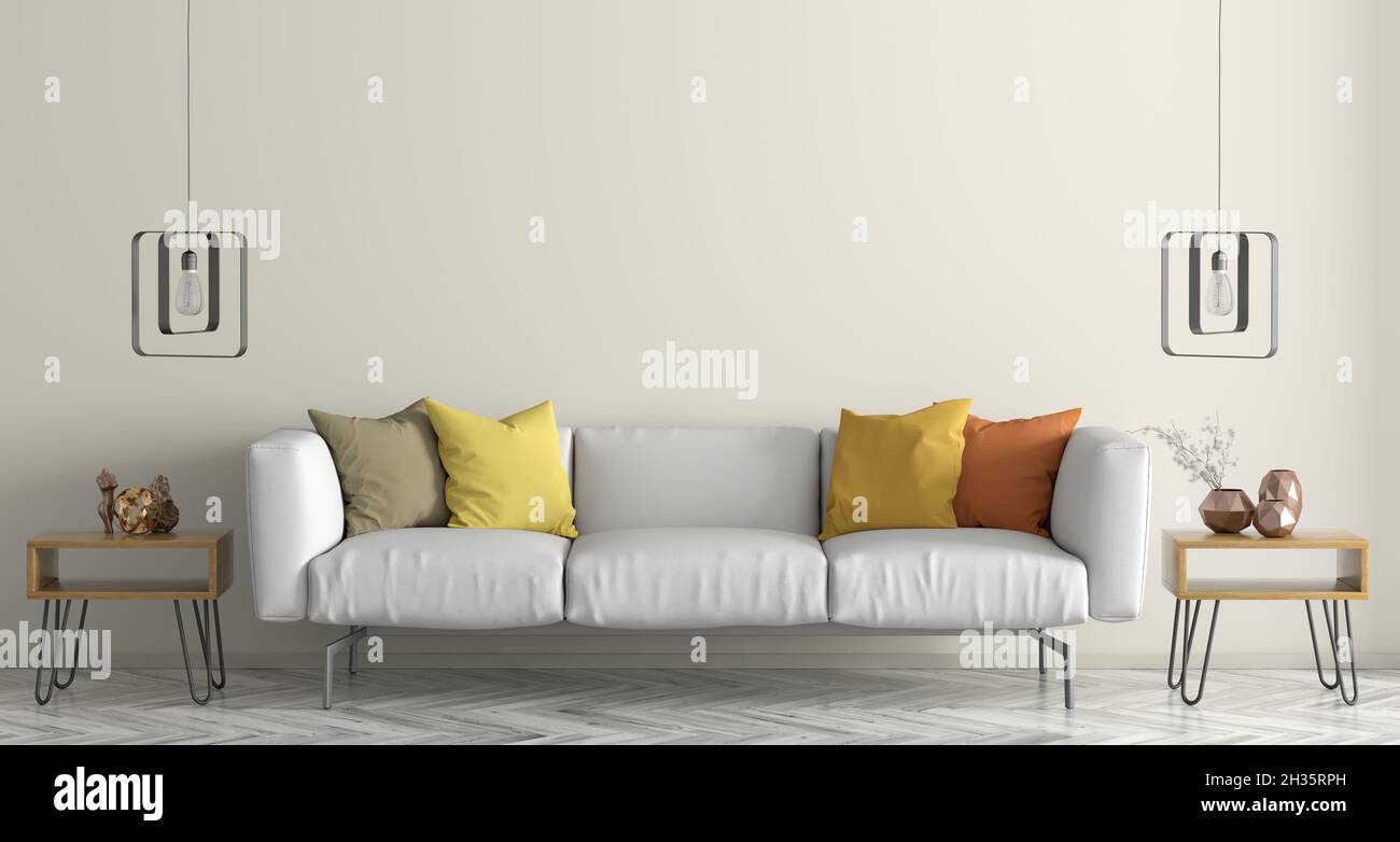Design moderno degli interni del soggiorno con divano bianco e tavolini da caffè in 3d Foto Stock