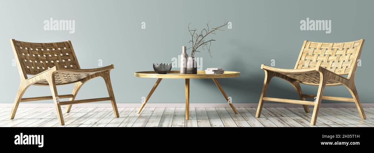 Interni moderni del soggiorno con poltrone in legno e tavolino da caffè. Design accogliente casa con mobili tessuti. Parete blu con spazio copia, panorama. 3d Foto Stock