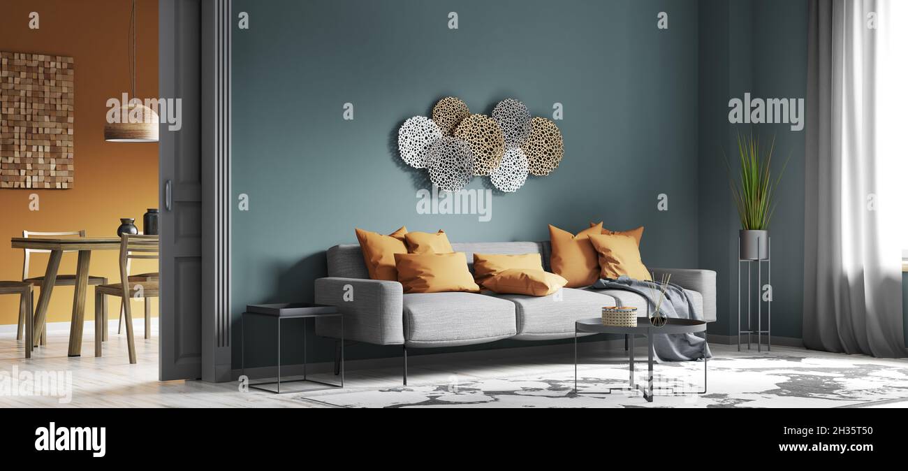 Design moderno degli interni del soggiorno con divano grigio, appartamento, disegno casa 3d rendering Foto Stock