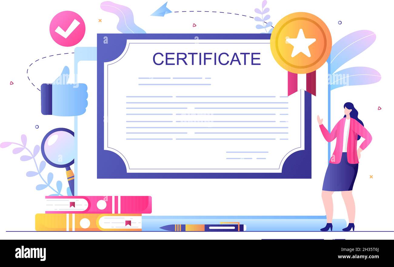 Icona del documento certificato con badge di licenza, diploma e medaglia per sito web, poster o brochure sfondo illustrazione vettoriale Illustrazione Vettoriale