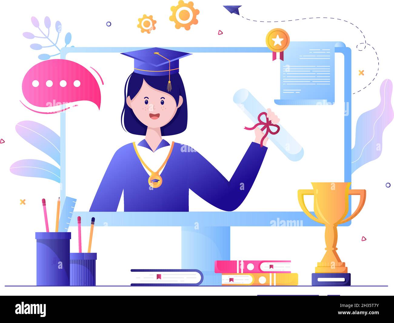 Icona del documento del certificato di laurea con badge di licenza, diploma. Cappello e medaglia. Formazione online per il sito Web o Poster background Illustrazione vettoriale Illustrazione Vettoriale