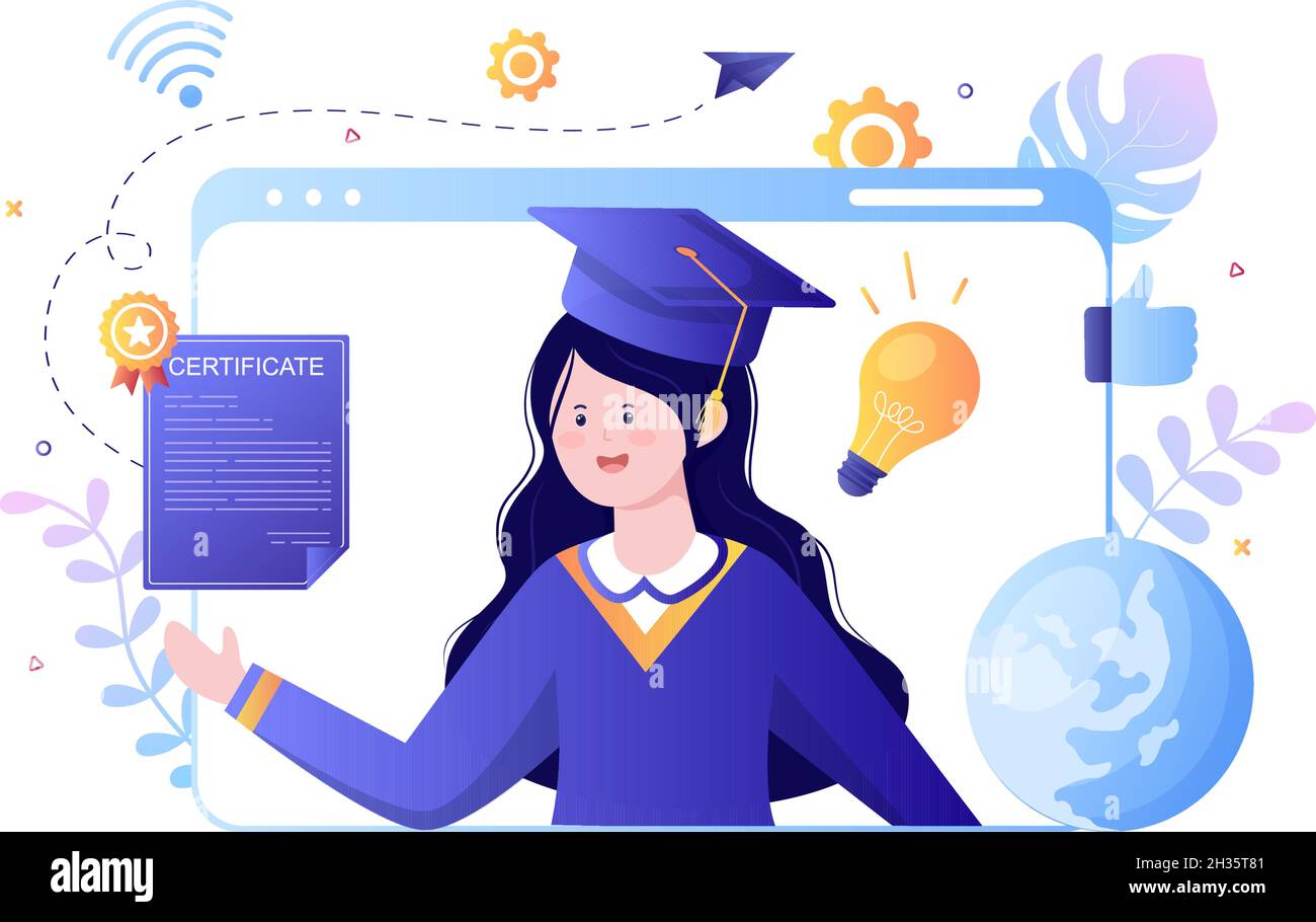 Icona del documento del certificato di laurea con badge di licenza, diploma. Cappello e medaglia. Formazione online per il sito Web o Poster background Illustrazione vettoriale Illustrazione Vettoriale