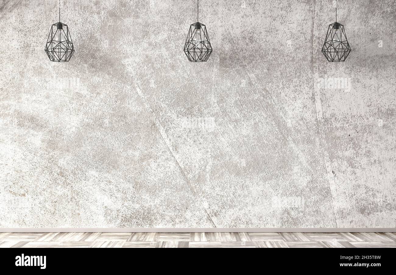 Spazio vuoto sfondo interno, parete in stucco in cemento beige e pavimento in parquet, lampade a sospensione 3D rendering Foto Stock