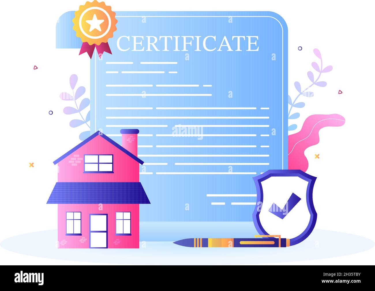 Certificato di proprietà per contratto di bene immobile, manutenzione di edificio e contratto di acquisto della casa trattare con timbro o licenza di sigillo. Background Vector il Illustrazione Vettoriale