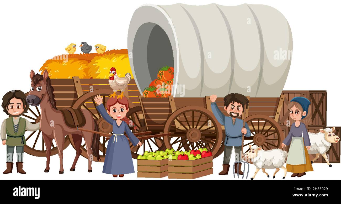 Contadini medievali con fiasche in un'illustrazione cart Illustrazione Vettoriale