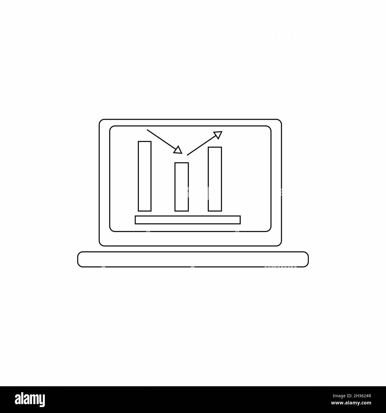 Notebook con icona grafico aziendale in stile sottile isolato su sfondo bianco Foto Stock