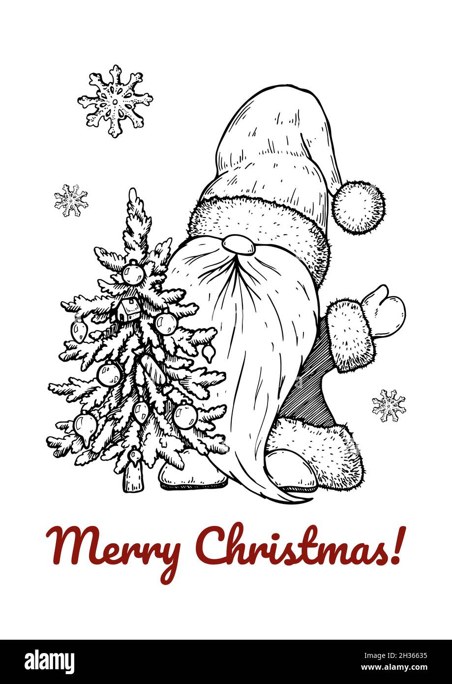 Biglietto d'auguri natalizio disegnato a mano con Santa Clause e albero di Natale. Illustrazione vettoriale in stile di schizzo Illustrazione Vettoriale