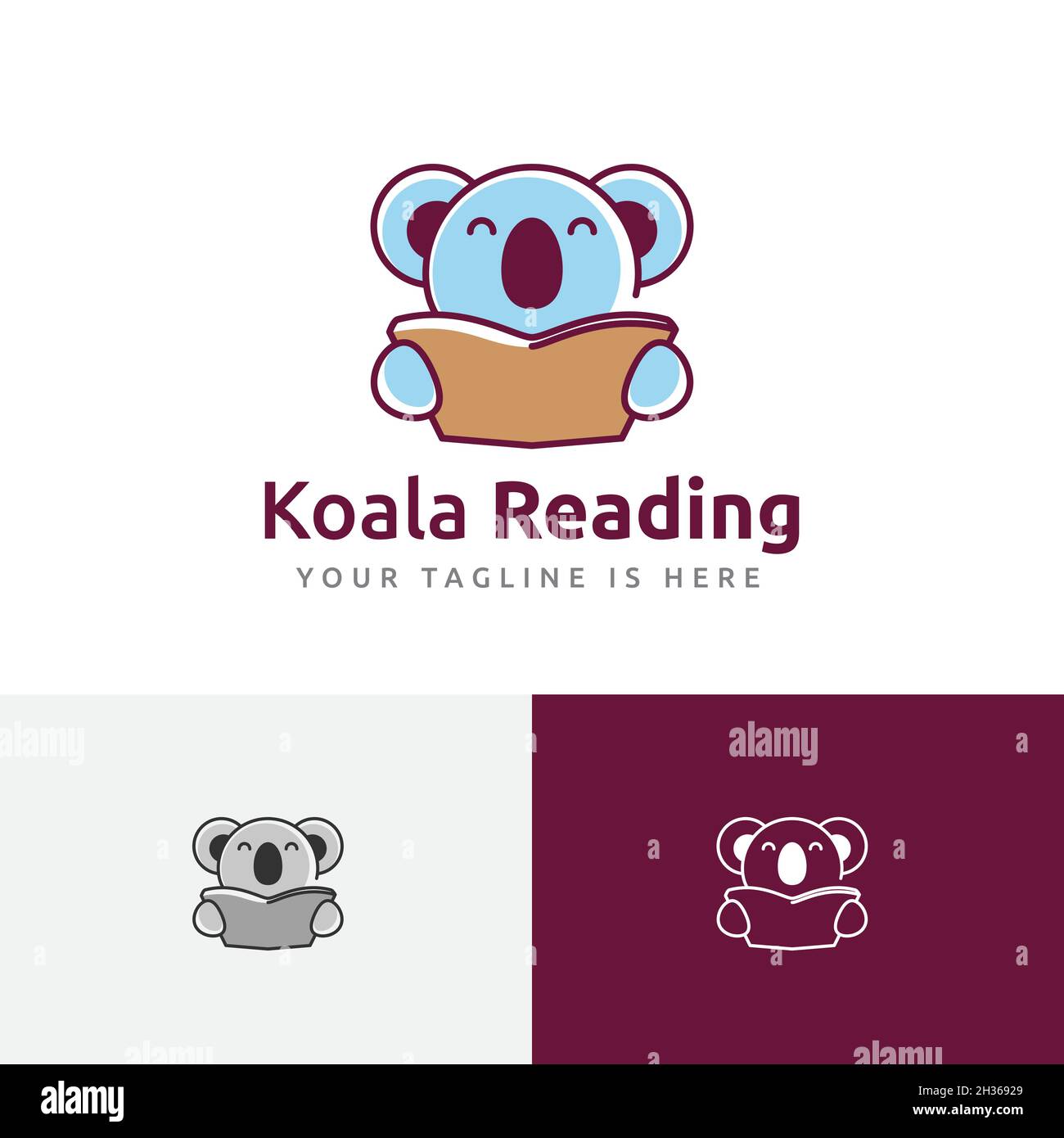 Adorabile logo Koala Reading Study Marsupial Animal School Education Illustrazione Vettoriale