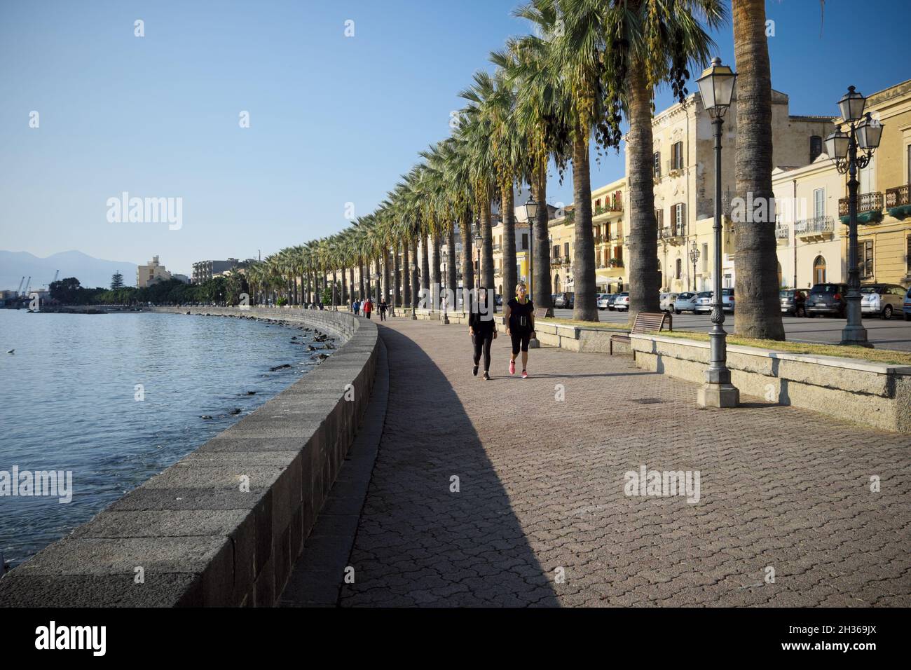 Strada alberata in Sicilia lungomare con palme della città di Milazzo Foto Stock