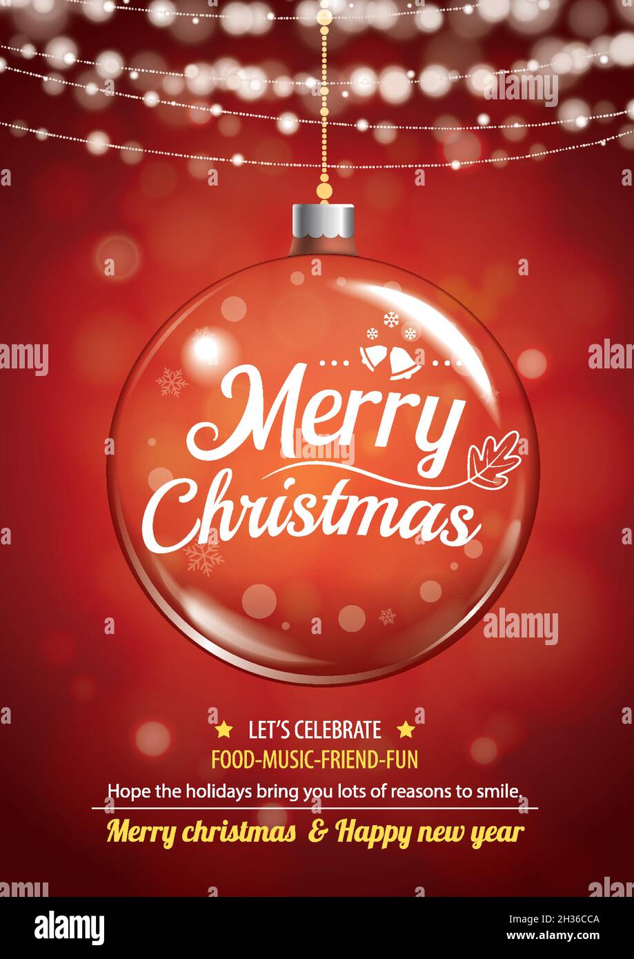 Allegro festa di natale e palla di vetro per volantino design opuscolo su sfondo rosso invito tema concetto. Banner e biglietto d'auguri felice vacanza temp Illustrazione Vettoriale