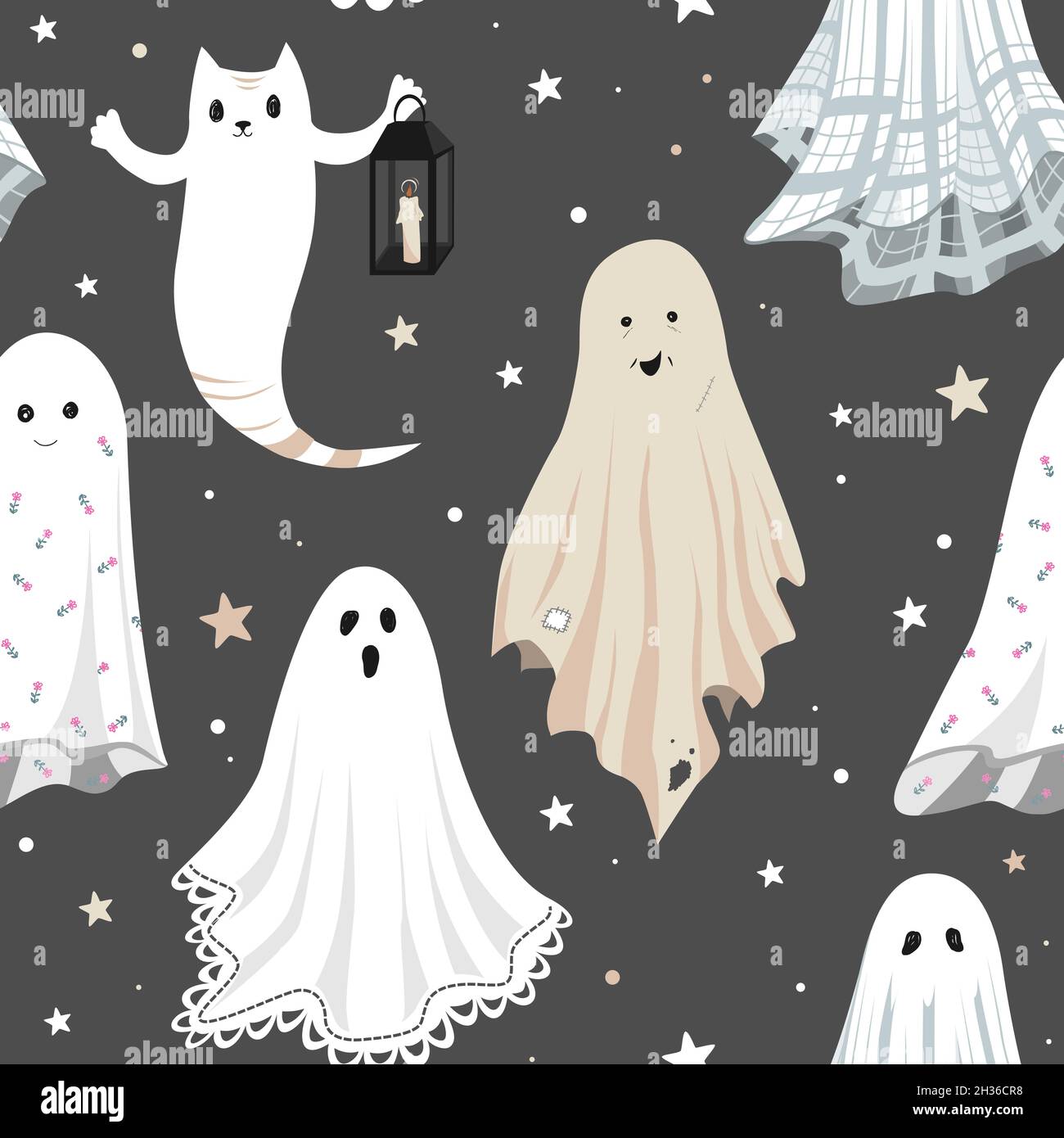 Modello senza cuciture con simpatici fantasmi di cartoni animati in vestito vintage. Illustrazione vettoriale del partito di Halloween Illustrazione Vettoriale