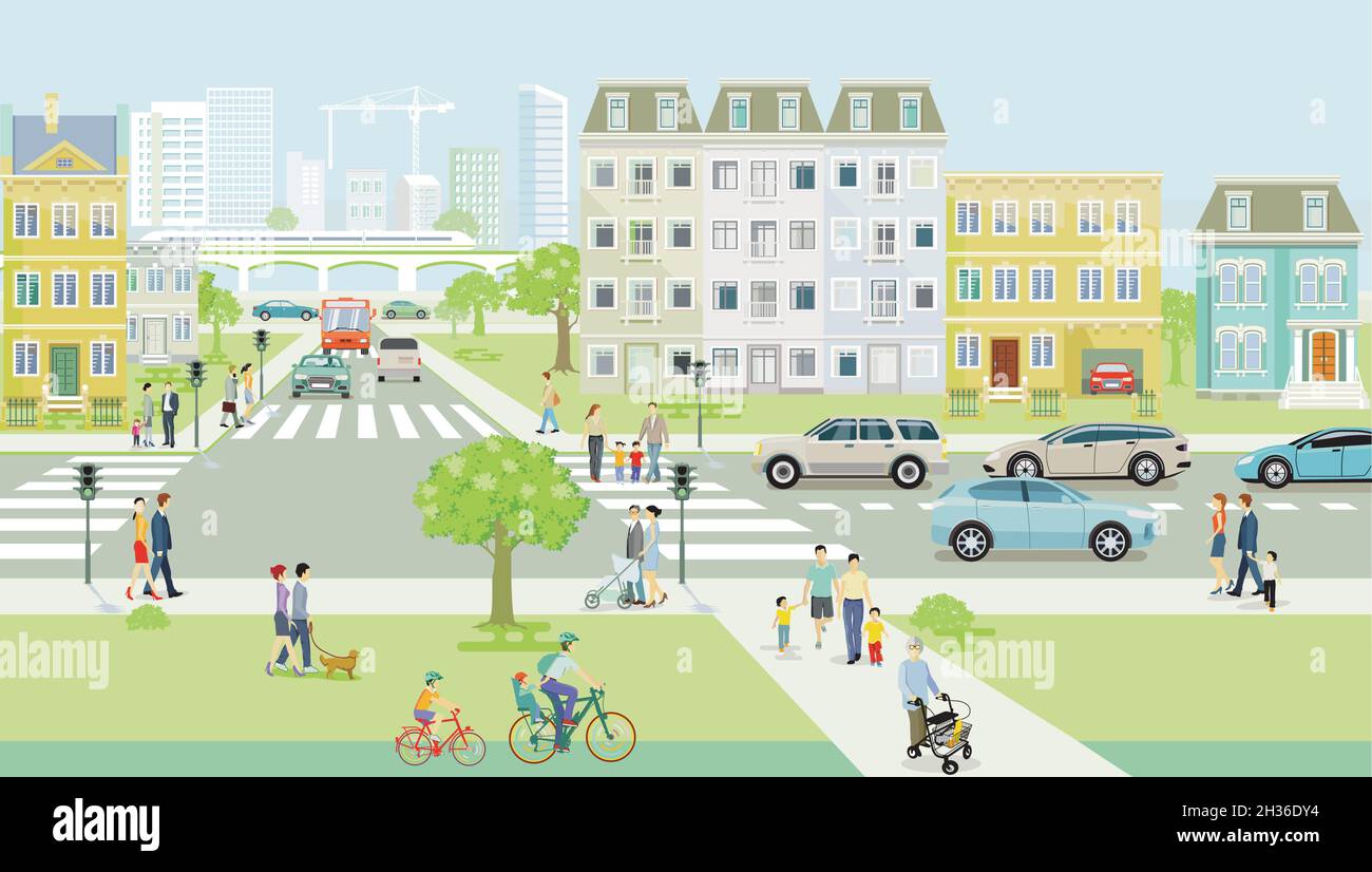 Profilo della città con pedoni sul crosswalk e i trasporti pubblici e persone sul marciapiede, illustrazione Illustrazione Vettoriale