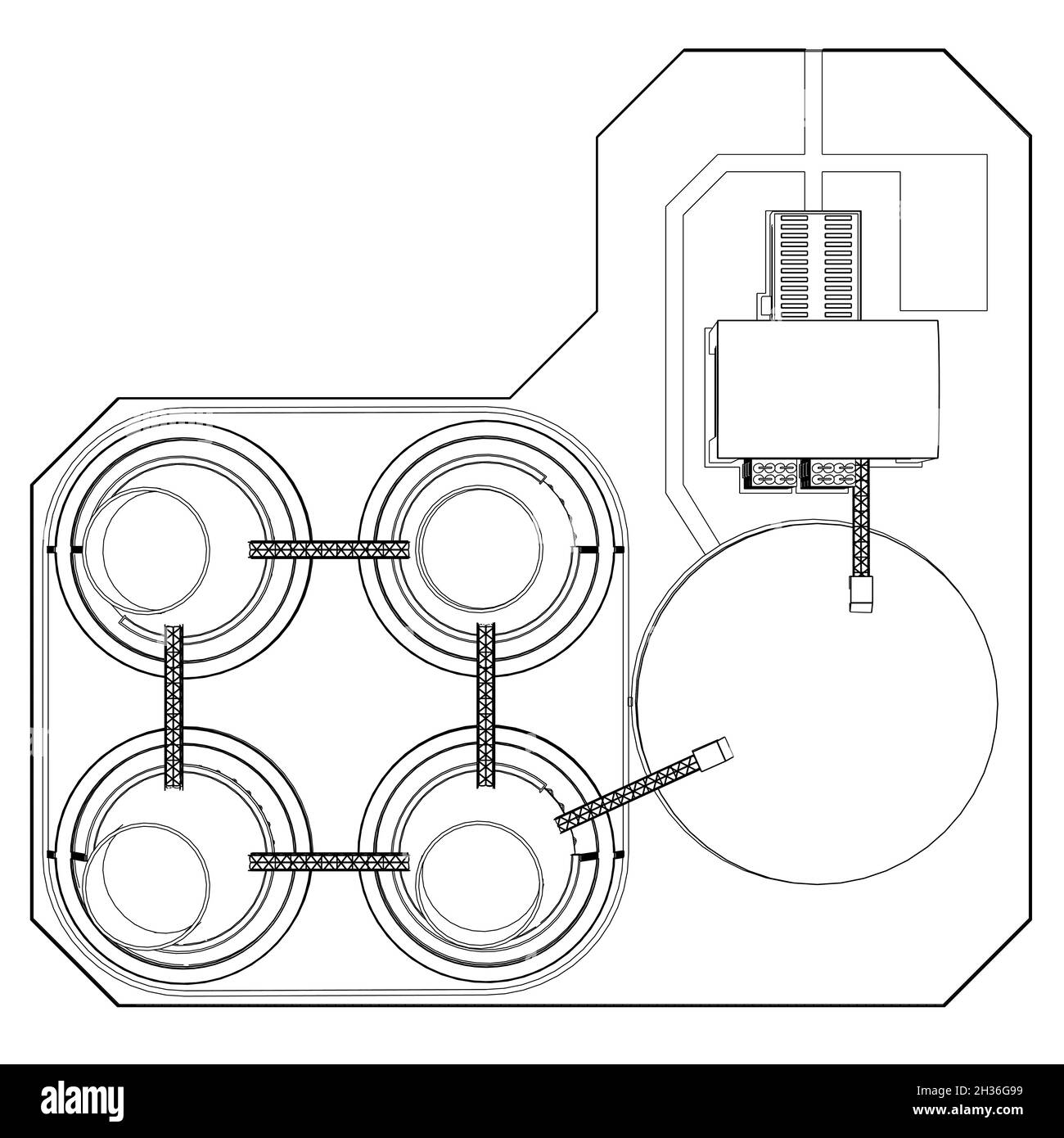 Profilo di una centrale elettrica da linee nere isolate su sfondo bianco. Vista dall'alto. Illustrazione vettoriale Illustrazione Vettoriale