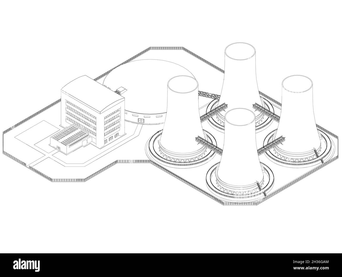 Profilo di una centrale elettrica da linee nere isolate su sfondo bianco. Vista isometrica. Illustrazione vettoriale Illustrazione Vettoriale