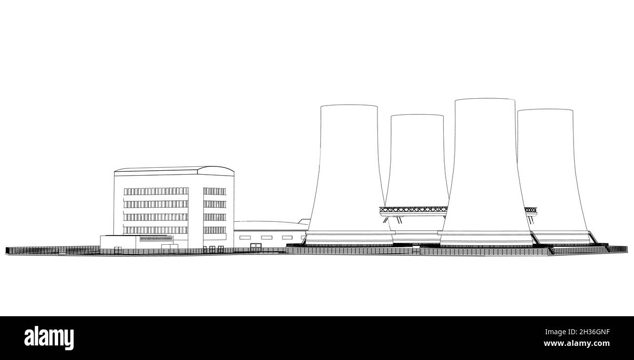 Profilo di una centrale elettrica da linee nere isolate su sfondo bianco. Vista laterale. Illustrazione vettoriale Illustrazione Vettoriale
