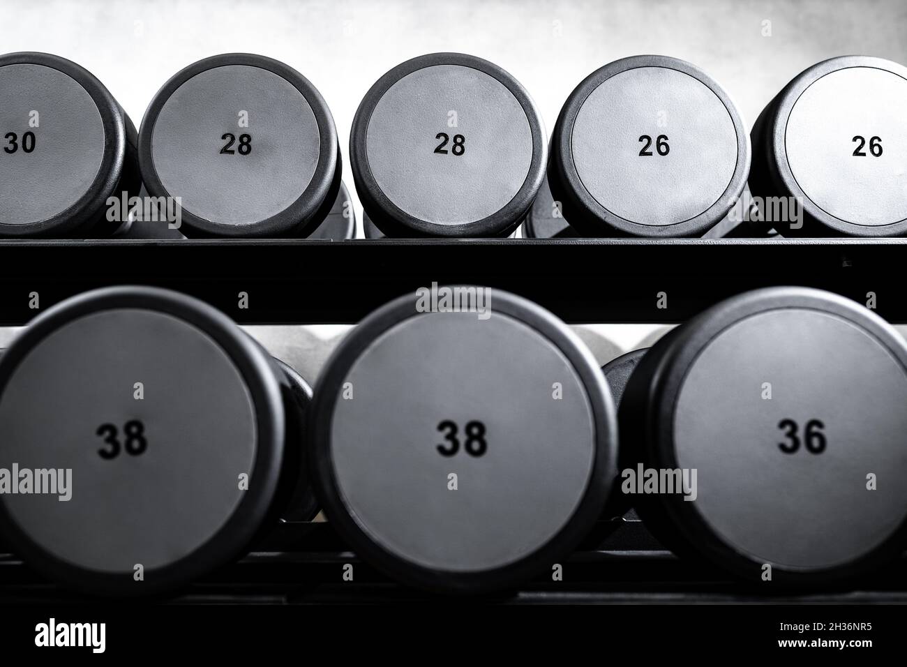 File di manubri in metallo su rack per bodybuilding in palestra Foto Stock