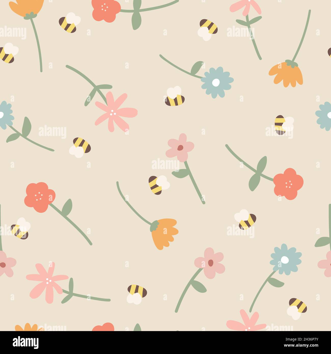 Motivi senza cuciture disegnati con fiori rosa anb blu e api gialle con sfondo beige chiaro Illustrazione Vettoriale