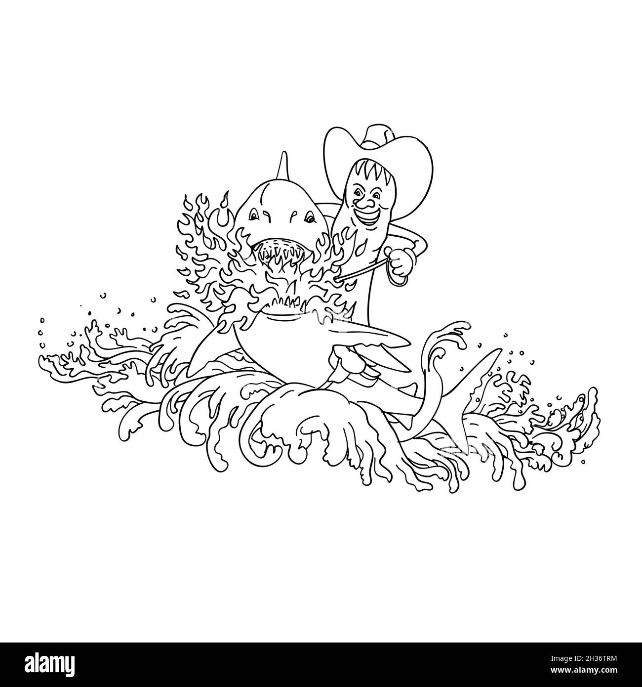 Cowboy Hot Pepper Riding Shark respirare fuoco saltando con onde Vintage Tattoo nero e bianco Foto Stock
