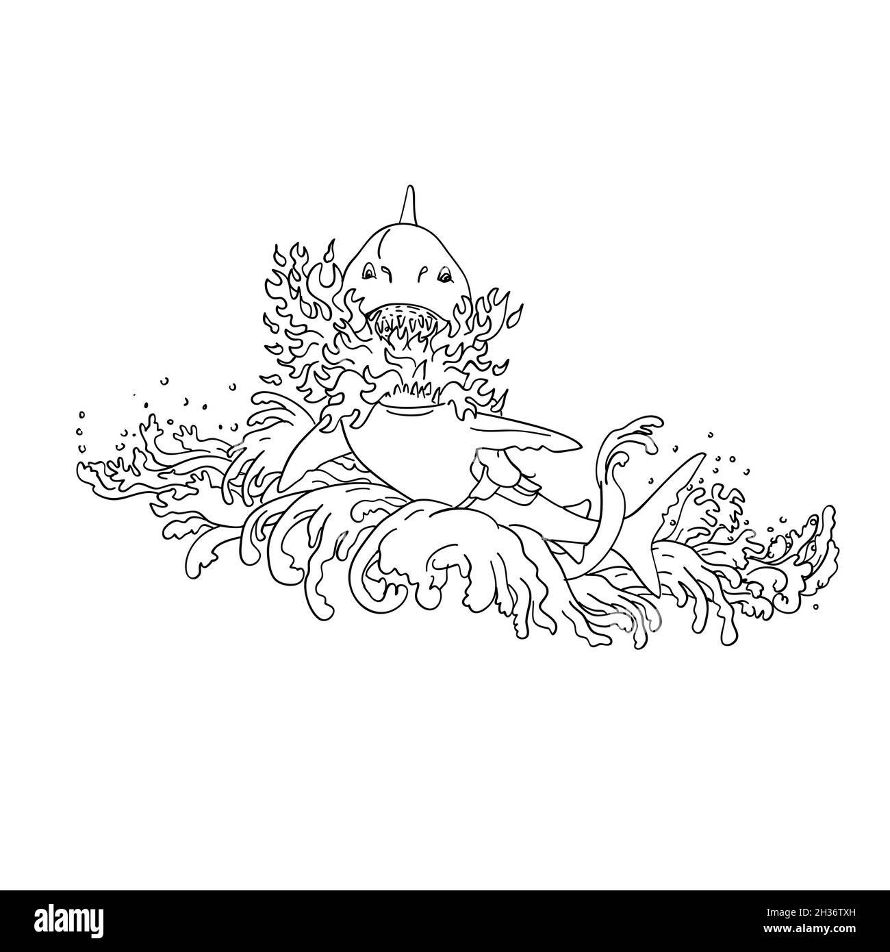 Squalo che respira il fuoco indossando Saddle saltando con onde Vintage Tattoo in bianco e nero Foto Stock