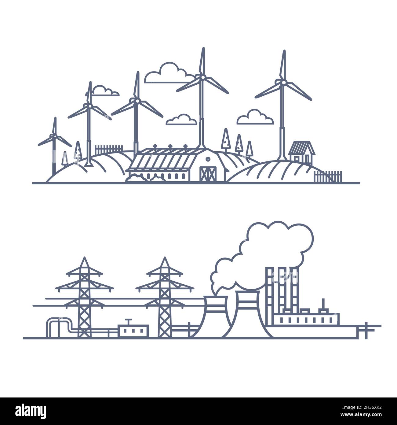 Concetto di energia del carburante rispetto all'energia verde. Illustrazione vettoriale di energia elettrica rinnovabile contro l'inquinamento fossile. Illustrazione vettoriale stile contorno su bianco Illustrazione Vettoriale